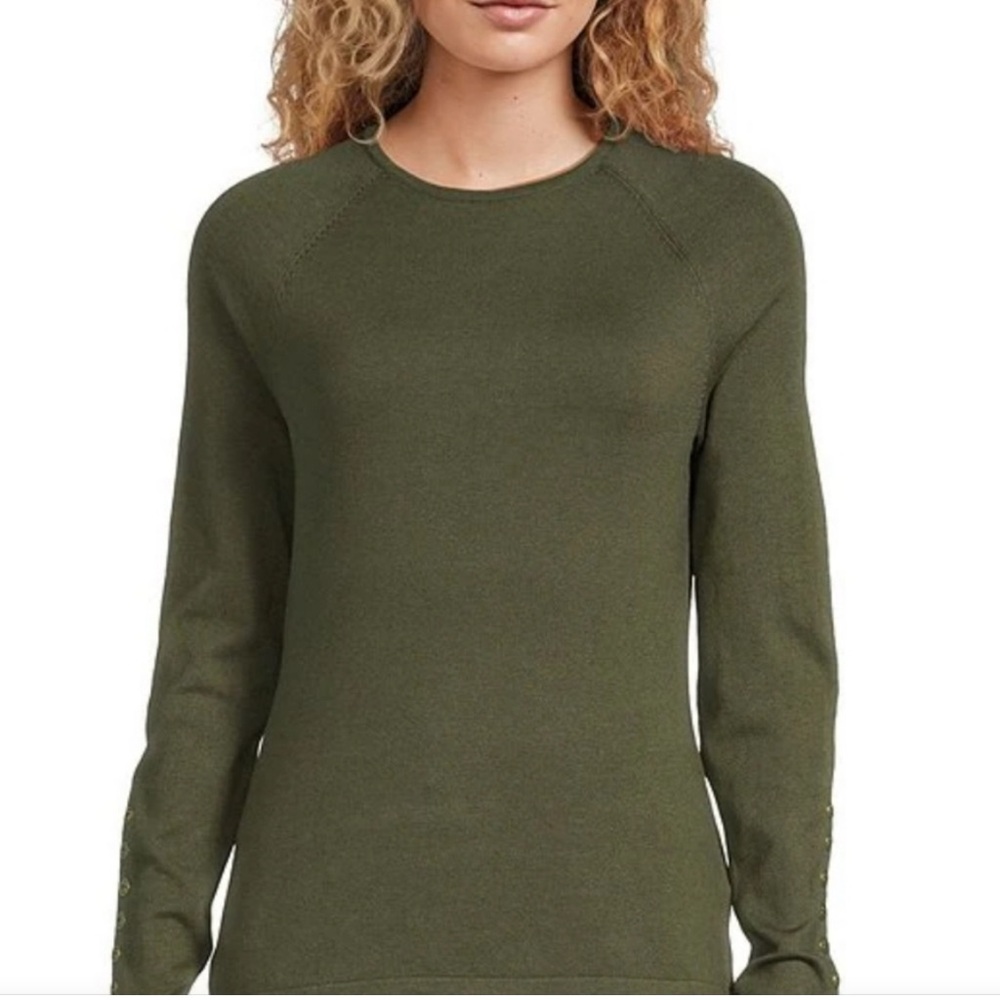 J McLaughlin Olive Green Crew Neck Sweater Gold Buttons on sleeves. Large. - Picture 3 of 9